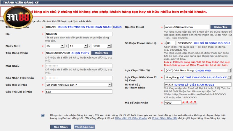 Các điều khoản để đăng ký M88