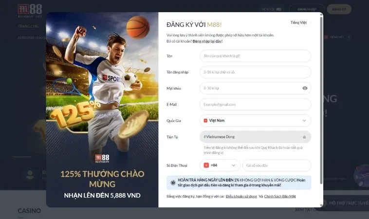 Hướng Dẫn Đăng Ký M88 Tài Khoản Nhanh Chóng Trong 3 Phút 2 Giao diện đăng ký M88